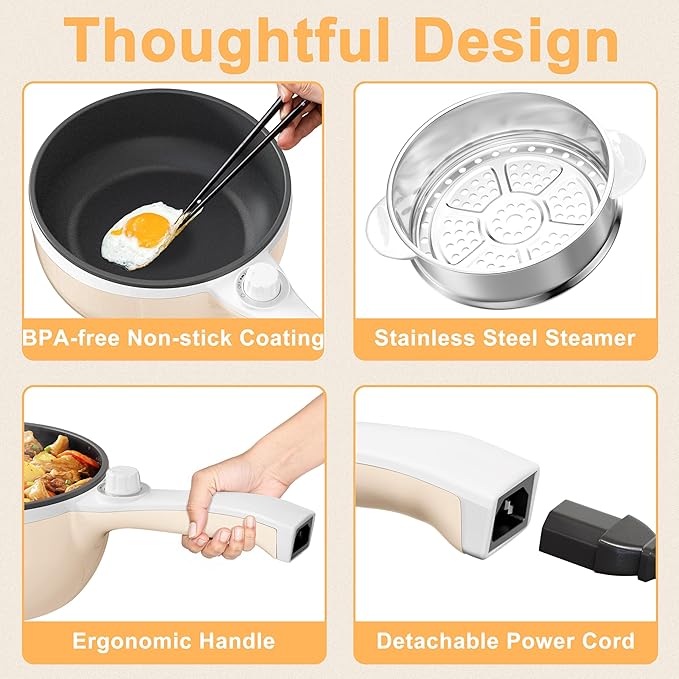 Dezin Hot Pot Electric with Steamer Upgraded, Non-Stick Sauté Pan, Rapid Noodles Electric Pot, 1.5L Mini Pot for Steak, Egg, Fried Rice, Ramen, Oatmeal, Soup with Power Adjustment