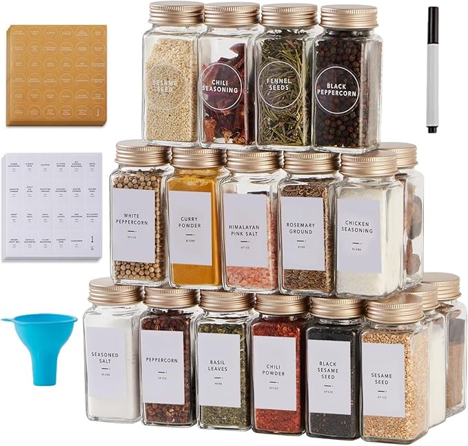 48 Pcs Spice Jars with Label- Glass Spice Jars with Gold Metal Caps,Shaker Lids, Funnel, Chalk Pen,Skiileor 4oz Seasoning Containers Bottles for Spice Rack, Cabinet, Drawer