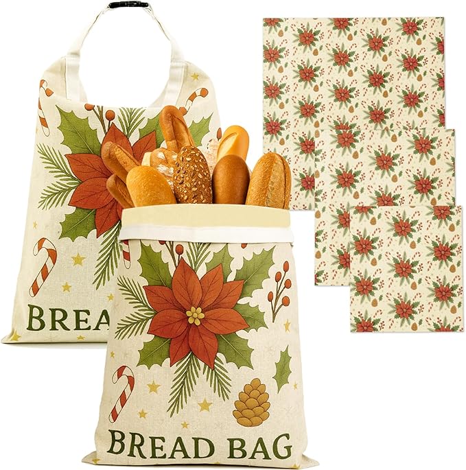 5PCS Christmas Beeswax Bread Bags Set – 2 Reusable Bread Bags + 3 Wax Paper Sheets,Eco-Friendly Beeswax Wraps for Food,Homemade Sourdough,Cheese,Snacks & Fruit,Holiday Gift for Bakers Kitchen Lovers