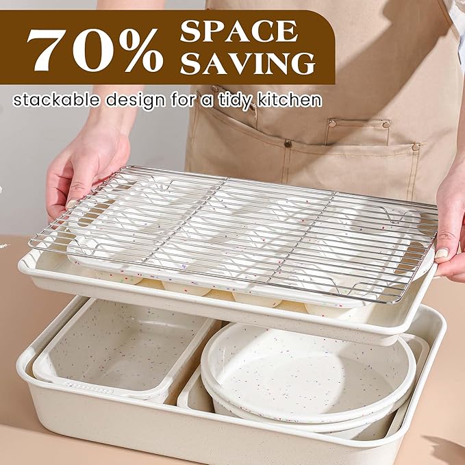 8 Pcs Baking Pans Set, Silicone Bakeware Sets with Metal Reinforced Frame, Nonstick Stackable Carbon Steel Non Toxic Baking Sets for Cooking (Cream)