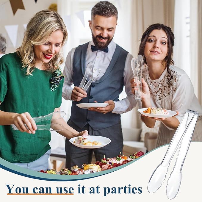Tessco for you 50 Pcs Plastic Tongs for Serving Bulk, 9 Inch Plastic Disposable Serving Tongs Heavy Duty Salad Utensils for Kitchen Buffets BBQ Events Catering (Transparent)