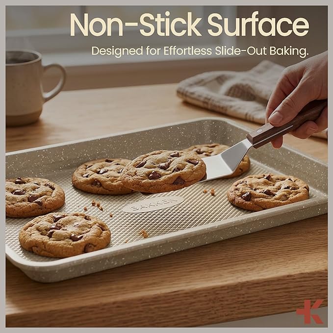 BAKKEN Kitchen Baking Pans - Nonstick White Coating, 13.58’’ × 9.65’’ Commercial Grade Carbon Steel Cookie Sheet, Diamond Texture Bottom, PFOA, PFOS, PTFE Free, Oven Safe Tray (450°F), White Marble