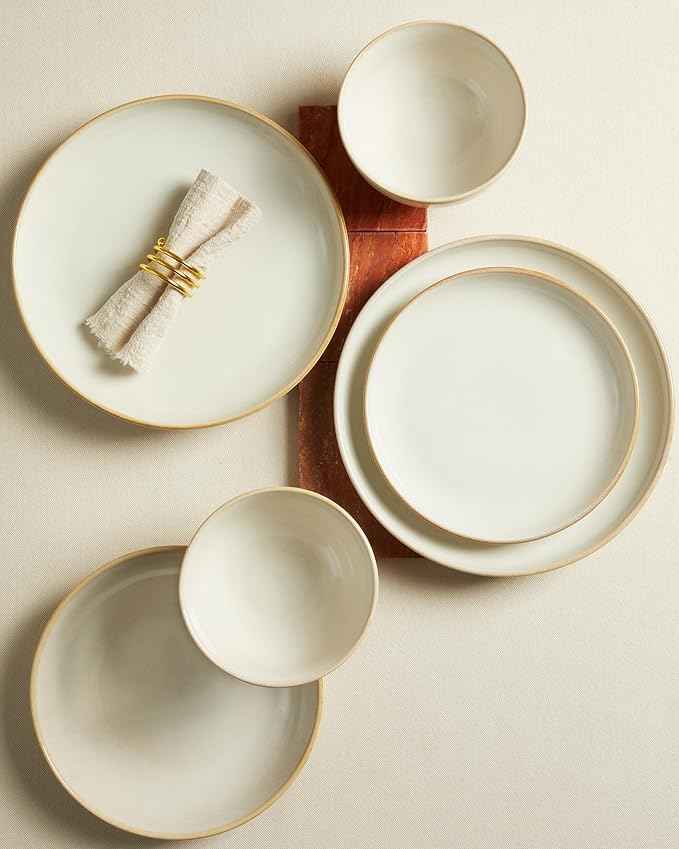 Stoneware Dinnerware Sets, Ceramic Plates and Bowls Set, Microwave & Dishwasher Safe Kitchen Dishes, Modern Dinner Salad Plates | Cereal Bowls, Dishware Sets Service for 4 Yellow White