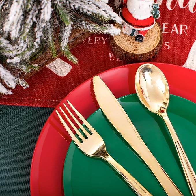 KIRE 60Pcs Plastic Plates, Premium Disposable Christmas Dinner & Dessert Plates, Modern Design, Green & Red, 30 of Each, All Seasons, 7.5inch/10.25inch, 0.1lbs, for Parties & Easter