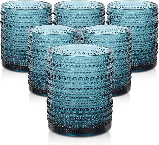 ZMOWIPDL Vintage Glassware Drinking Glasses Set of 6,12 oz Hobnail Glass Cups,Embossed Blue Water Tumbler,for Beer,Cocktail,Whiskey,Juice and Various Mixed Drinks- 1 Cleaning Brush