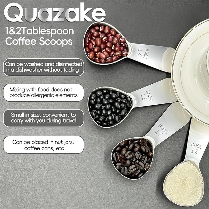 Coffee Scoop 2 tablespoon Measuring Spoons(30ml 2pcs), Ergonomics Design Coffee Scooper 2 tbsp Metal Stainless Steel Manufacture，coffee scoop for ground coffee Protein Powder Sugar Cereal,Etc.