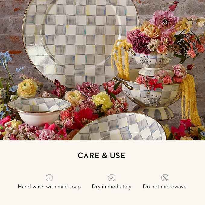 MACKENZIE-CHILDS Enamel Colander, Decorative Kitchen Strainer, Large, Gray-and-White Sterling Check