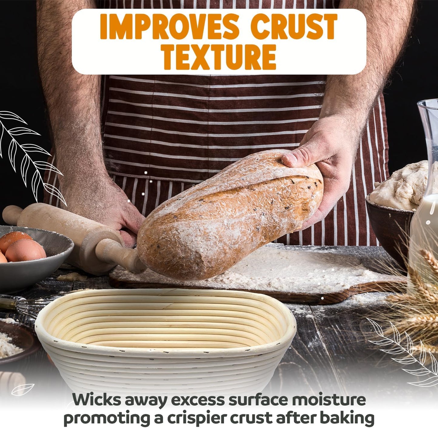 Banneton Bread Proofing Basket Sourdough Proofing Basket for Beginner & Professional Bakers, Handwoven Rattan Cane Bread Maker with Linen for Artisan Breads, 10 x 3.5 In, 2-Pound Round Brotform