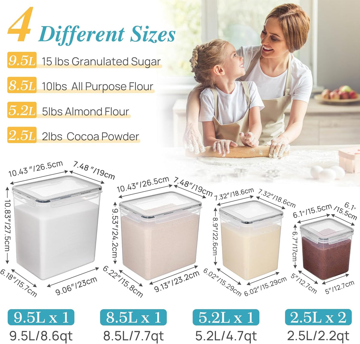 Vtopmart 5 Pack Large Flour and Sugar Storage Containers Set, Airtight Kitchen Pantry Organizers and Storage with Lids for Bulk food, Baking Supplies, BPA Free, Black