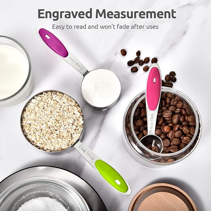 U-Taste Measuring Cups Spoons Set: 18/8 Stainless Steel 12 Pieces Stacking Kitchen Baking Cooking Food Measure Scoop Set, 7 Cups & 5 Spoons with Strengthened Weld Joints (Color, Upgraded Version)