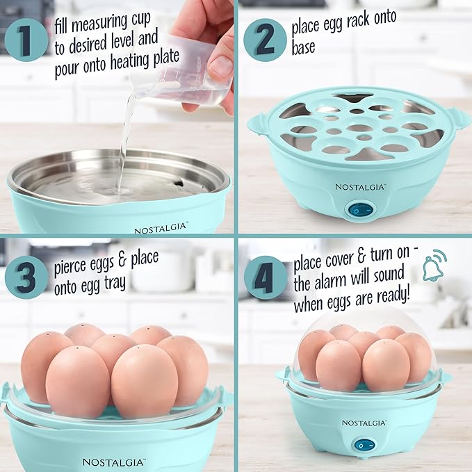 Nostalgia Retro Electric Large Hard-Boiled Egg Cooker, 7 Capacity, Poached, Scrambled, Omelets, Whites, Sandwiches, for Keto & Low-Carb Diets, Aqua