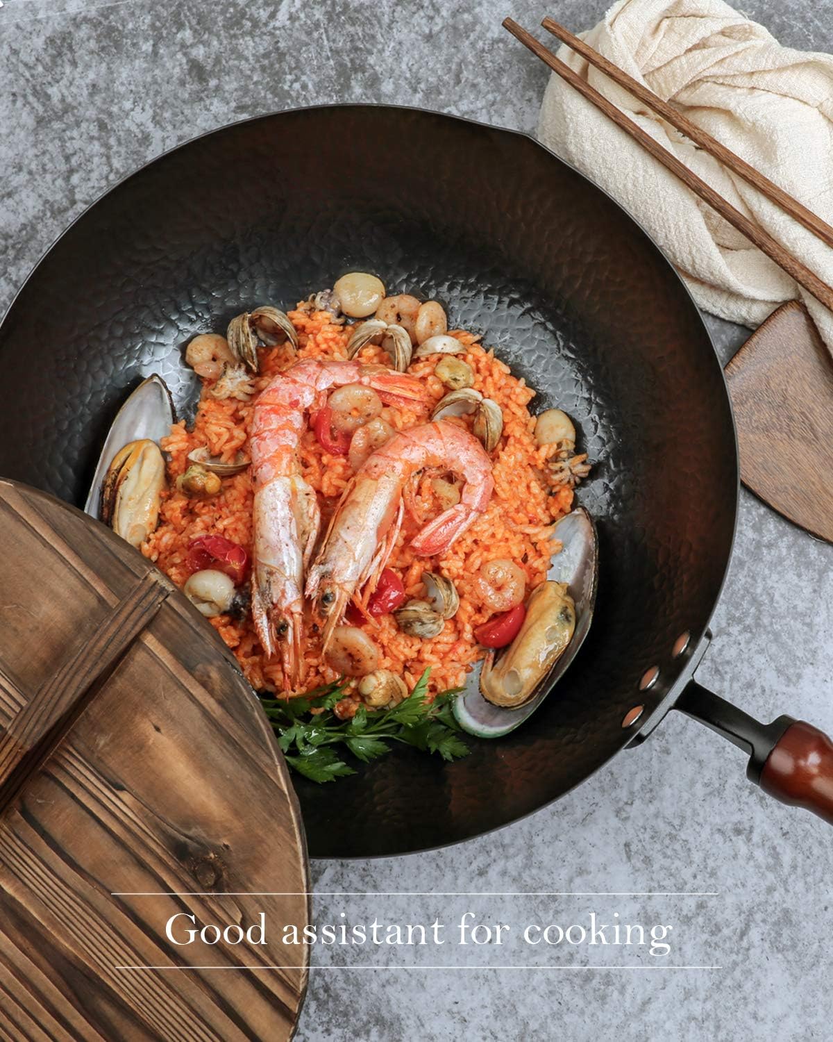 12.5" Wok Pan- Woks and Stir Fry Pans, Carbon Steel Wok, Flat Bottom Wok with Lid Suits for all Stoves