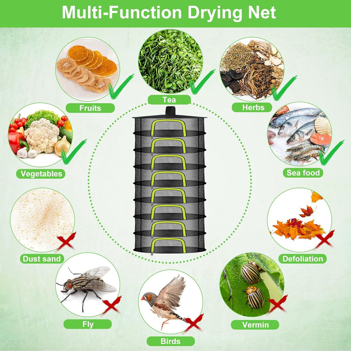 8 Layer Herb Drying Rack, Herb Drying Rack Hanging Mesh, Foldable Grass Drying Rack With U-Shaped Zipper, Garden Scissors, Hooks, For Drying Herbs Plants, Flowers, Fruits, Food(8 Layers-23.62'')