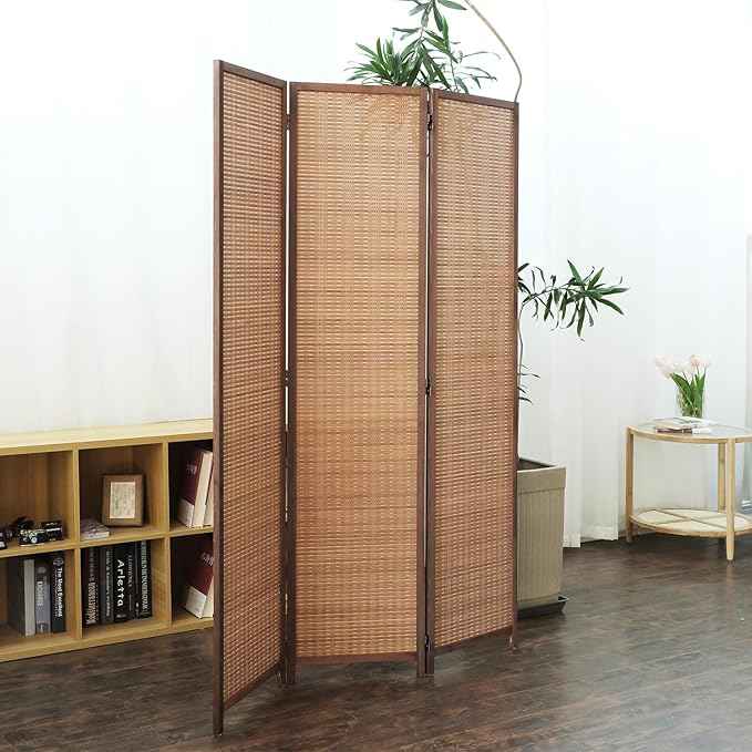 3 Panel Bamboo Room Divider and Folding Panel Screen,Bamboo Panel Divider for Room Separation,Brown,67" H x 46" W
