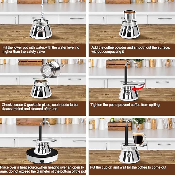 4 Cup Single Tube Moka Pot Stainless Steel Stovetop Espresso Maker Cafeteras Italian Percolator Espress Makers Capable Greca Mocha Coffee Machine for Induction Home 310ml 10.5oz