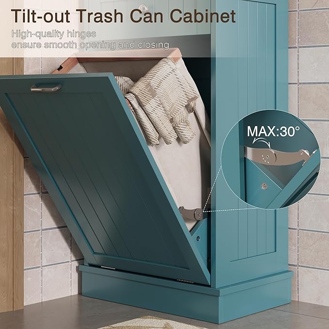 KIGOTY Tilt Out Trash Cabinet,Wooden Kitchen Trash Bin Holder Garbage Bin Recycling Cabinet Laundry Hamper with Solid Wood Countertop and Hideaway Drawer (Teal Blue)