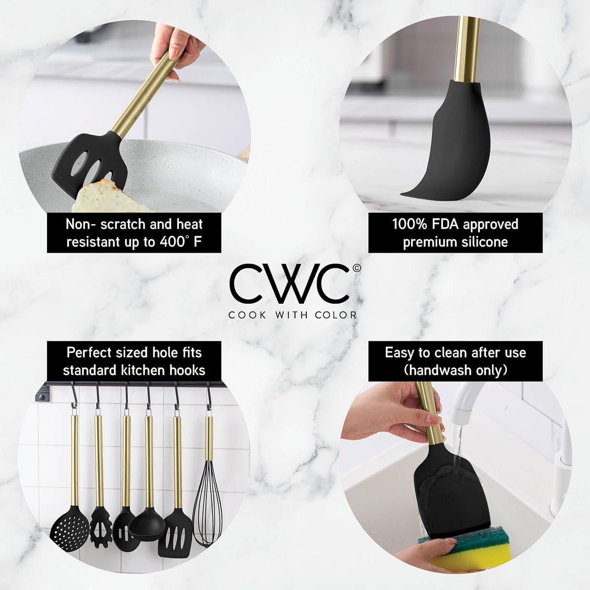 COOK WITH COLOR Silicone Cooking Utensils, Kitchen Utensil Set, Easy to Clean Silicone Kitchen Utensils, Cooking Utensils for Nonstick Cookware, Kitchen Gadgets Set with Holder, 10 Pieces