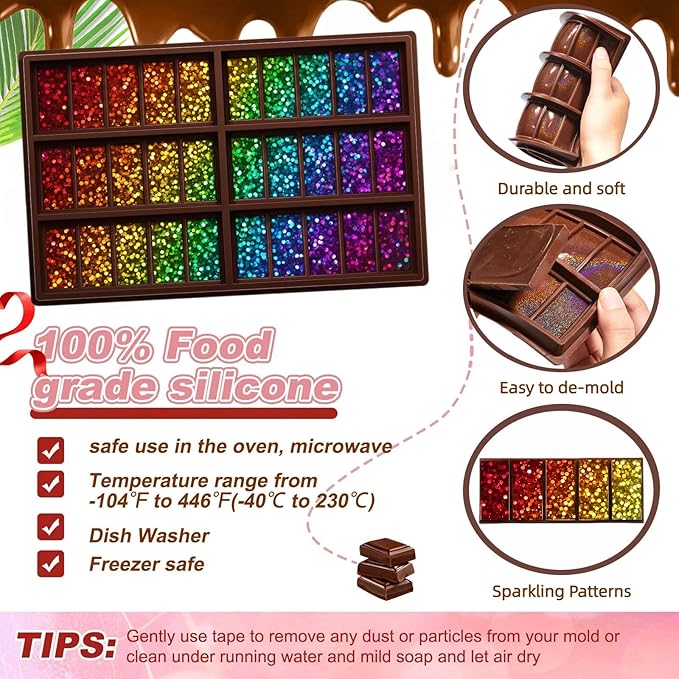 Ziliny Dot Holographic Chocolate Bar Mold Silicone, Rainbow Light Effect Chocolate Bar Deep Thick Molds for DIY Candy Dessert Baking, Candy, Wax Melts, Cake Decoration (Rectangle)