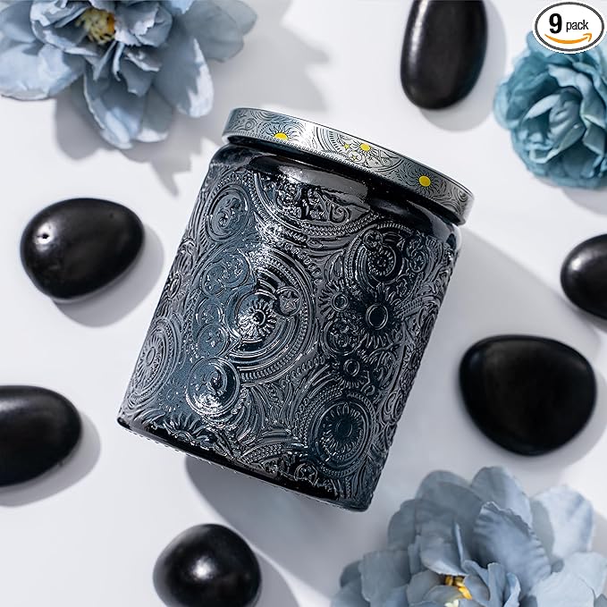 Art Secret 9-Pack 8oz Embossed Glass Candle Jars with Lids and Labels - Sun Moon Stars Design (Gray)