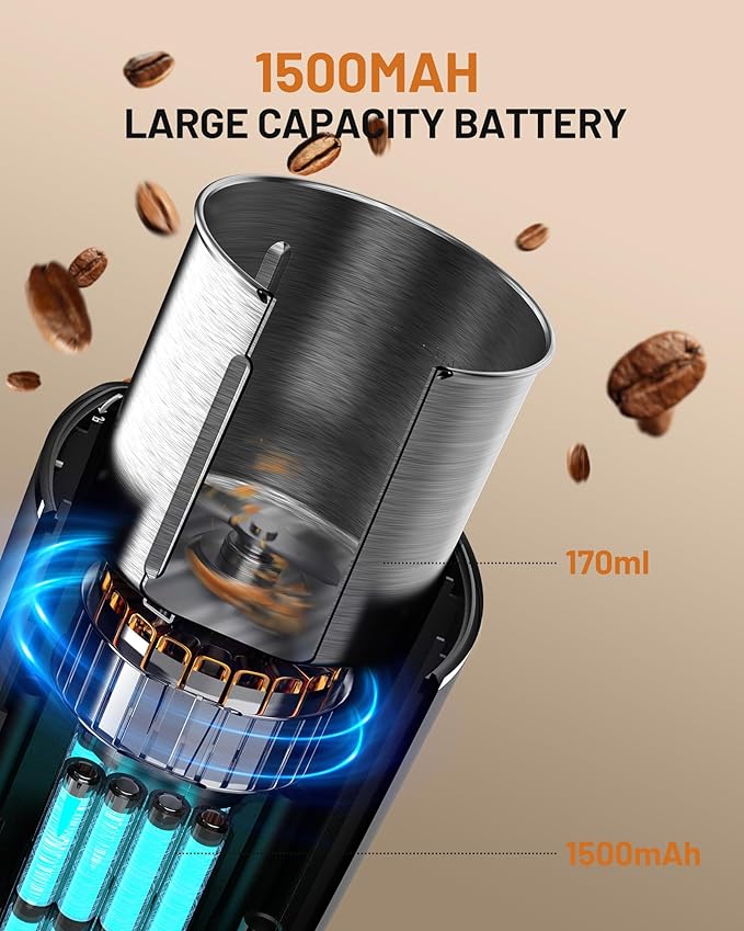 CEVING Hands-Free Blade Coffee Grinder, Cordless Coffee Mill with 5-30S Adjustable Grinding, Triple-Lock Safety & 1500mAh Rechargeable Battery with Removable Bowl, Portable for Camping, Travel, etc.