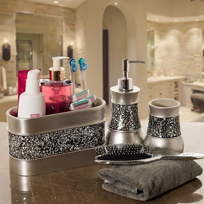 Creative Scents Crackled Glass Silver Hand Soap Dispenser for Bathroom, Decorative Countertop Lotion Dispenser, Elegant Liquid Soap Dispenser with Sturdy Pump for Classic Bathroom Décor