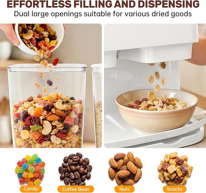 Cereal Dispenser Countertop 2 Pack, 3L Large Cereal Containers Storage Airtight for Kitchen Pantry, Dual Control Plastic Dry Food Dispenser for Cereal, Rice, Grains, Candy, Coffee Beans