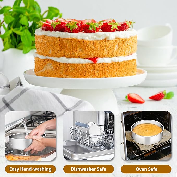 P&P CHEF 8 Inch Cake Pans Set, Round Baking Pan Stainless Steel Layer Birthday Wedding Cake Oven Pans, Non Toxic & Heavy Duty, Deep Side & Mirror Finish, Dishwasher Safe, (3Pcs)