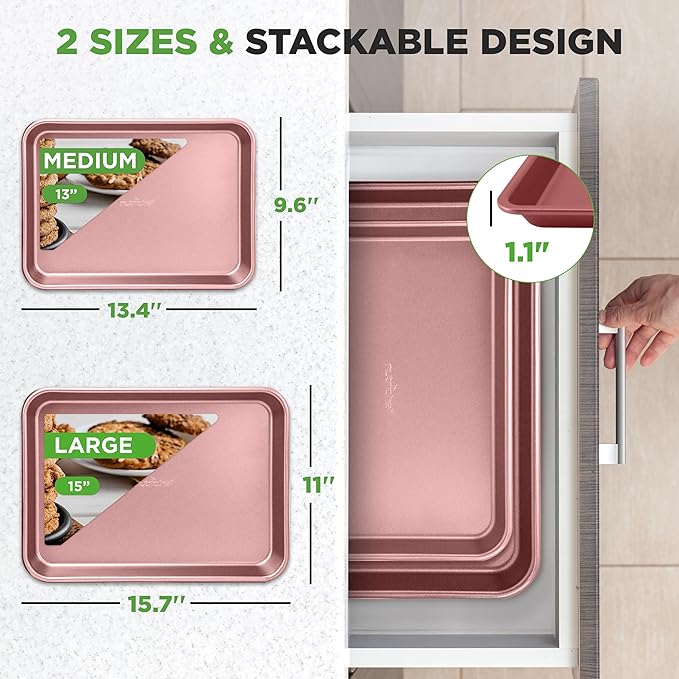 NutriChef 2-Piece Nonstick Cookie Sheets for Baking - Premium Medium & Large Size Baking Sheet Set - Thick Carbon Steel Bakeware Trays - Dishwasher Safe, Rose Gold