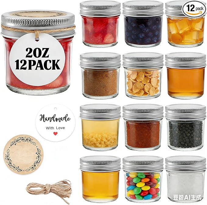 12 Pack 2 oz Small Mason Jars, Mini Glass Jars with Lids for Jam Ginger Shots Honey Spices Wedding Favors, Includes Labels, String & Handmade Tags