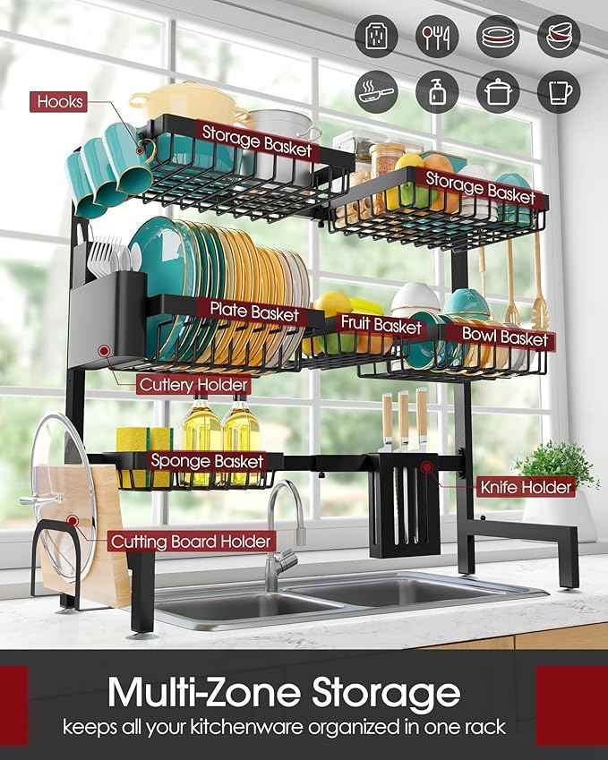 Over The Sink Dish Drying Rack - Adjustable 3 Tier XX-Large Capacity Stainless Steel Drainer with Cutlery & Utensil Holders, Kitchen Storage & Organization, 31.5"-39.5"L x 12"W x 30.5"H, Black