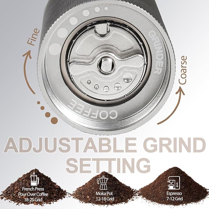 Non-Detachable Manual Coffee Grinder with 25 Level Stainless Steel Conical Burr Portable Aluminum Coffee Bean Grinder Gift Set Suitable for Moka Pot Espresso Pour Over Easy Cleaning with Brush