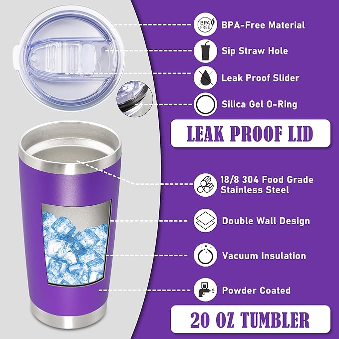 20 oz Tumbler Coffee Travel Tumblers Bulk with Lid Stainless Steel Double Wall Vacuum Insulated Mug Powder Coated Cups fit Car Cupholder for Hot and Cold - Purple, 1Pack