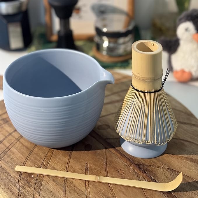 Matcha Whisk Set, Ceramic Matcha Bowl & Whisk Holder, Bamboo Accessory, Modern Design (Soft Haze Blue, Pouring Spout)