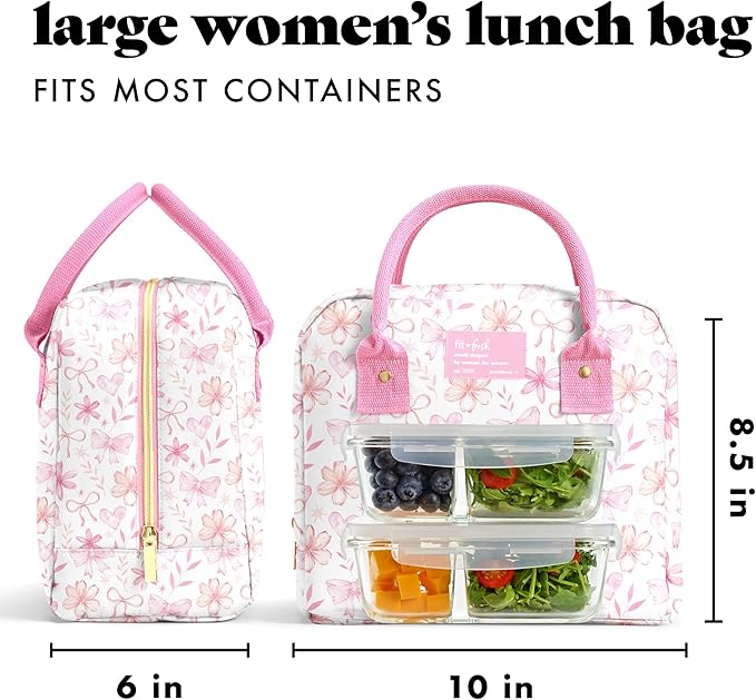 Fit & Fresh Bloomington Lunch Bag for Women - Insulated Large Lunch Box for Work with Containers, Leak-Resistant, Stain-Resistant, Zipper Closure, Sweet Floral Bows