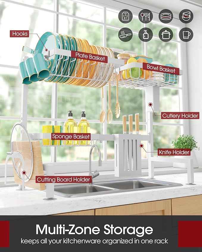 Over The Sink Dish Drying Rack - Adjustable 2 Tier Large Capacity Stainless Steel Drainer with Cutlery & Utensil Holders, Kitchen Storage & Organization, 30"-33.9" L x 11" W x 21.5" H, White