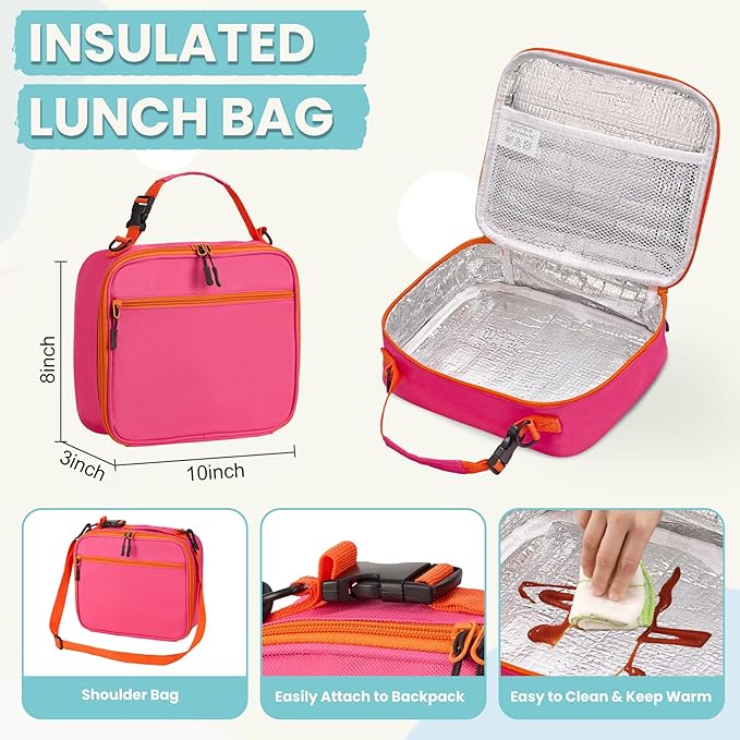 PIQUEBAR Kids Lunch Bento Box with 8oz Thermo Ice Pack Food Container with Insulated Lunch Bag, Insulated Water Bottle with Straw for Girls Boys, (A-Pink)