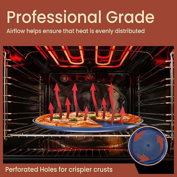 Bakken 16 Inch Non-Stick Pizza Pan 2 Pack, Round Carbon Steel Pizza Tray with Perforated Holes, PFOA, PFOS, & PTFE-Free, Dishwasher & Oven Safe Up To 450°F, Durable Nonstick Coating, Blue