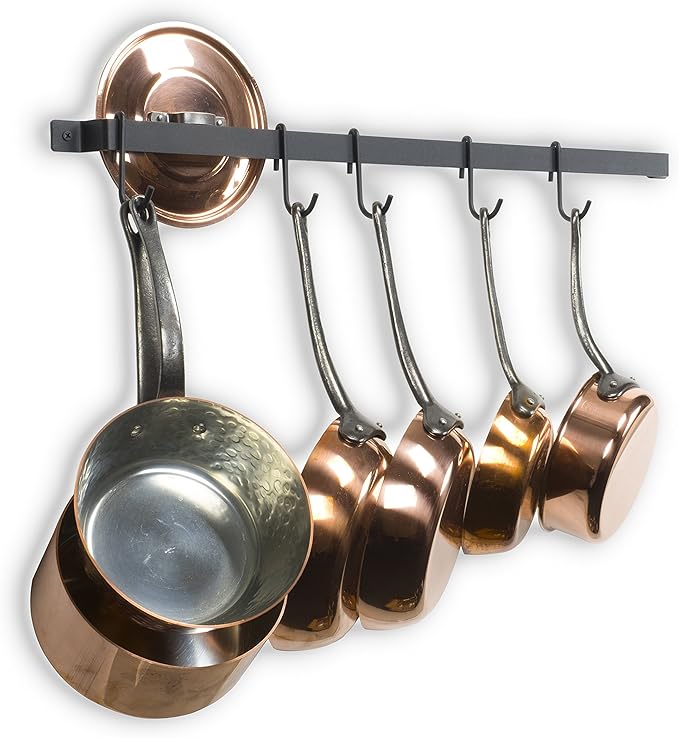 Wallniture Casto 30" Gourmet Kitchen Rail with 15 S Hooks for Hanging Kitchen Utensils Set and Cookware, Iron, Frosty Black