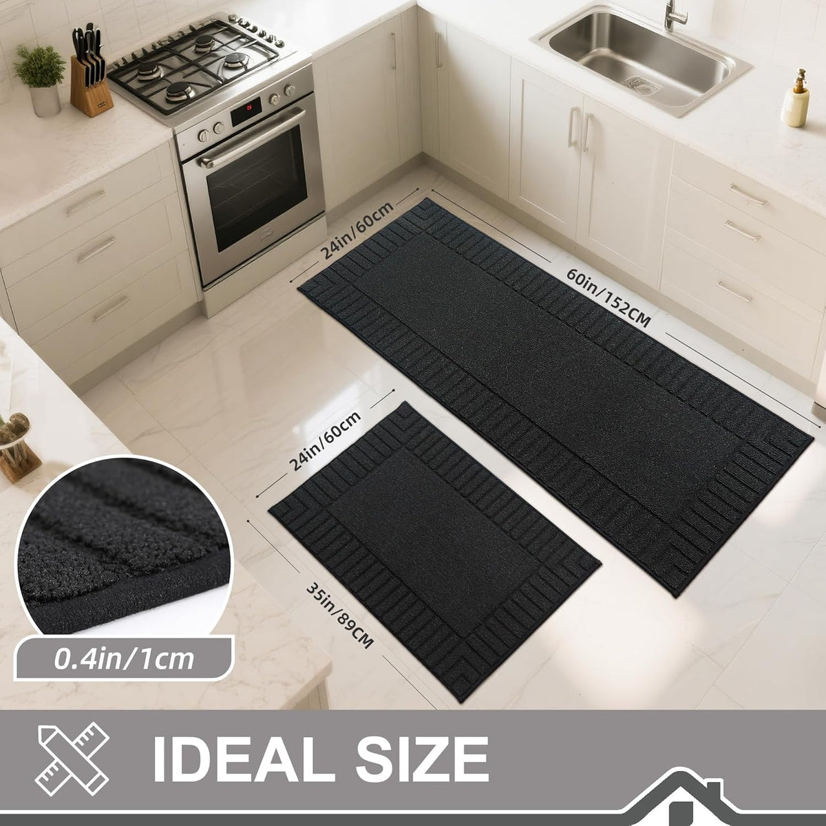 BEQHAUSE-Kitchen-Rugs-and-Mats,2 PCS Non Slip Kitchen Floor Mat,Absorbent Kitchen Rug Sets Machine Washable Kitchen Runner Rug Black Kitchen Mat 24x35inch/24x60inch