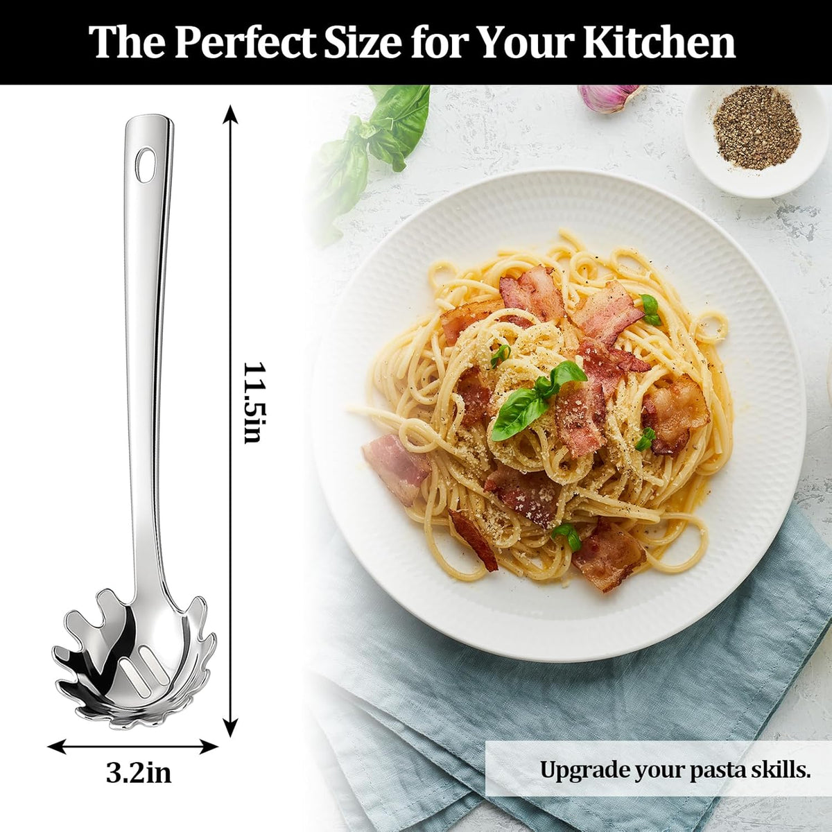 Stainless Steel Pasta Spoon with Teeth Pasta Server & Spaghetti Spoon with Drain Holes for Noodles, Pasta, Cooking & Serving (Silver)