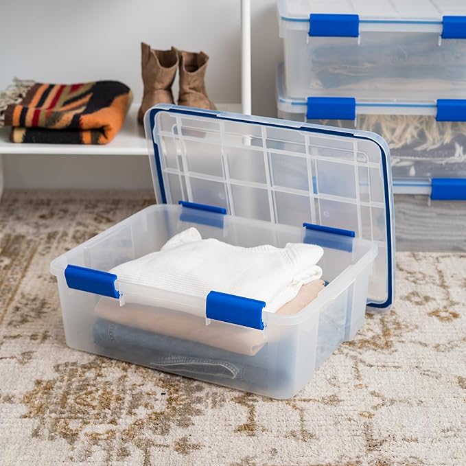 IRIS USA 26.5 Quart WEATHERPRO Plastic Storage Box with Durable Lid and Seal and Secure Latching Buckles, 3 Pack, Weathertight, Keep Pest Dust and Moisture Out, for Oversized Bulky Items, Clear/Blue