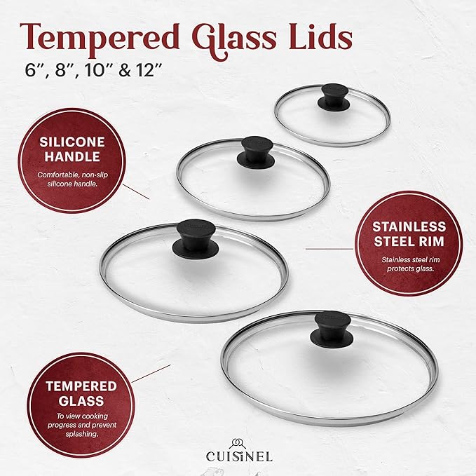 Cuisinel 6"+8"+10+12"-Inch Cast Iron Skillets Set + Glass Lids + Silicone Handle Grips - Pre-Seasoned Frying Pan - Oven Cookware - Use Indoor/Outdoor, Grill, Stovetop, Fire, Camping, Kitchen