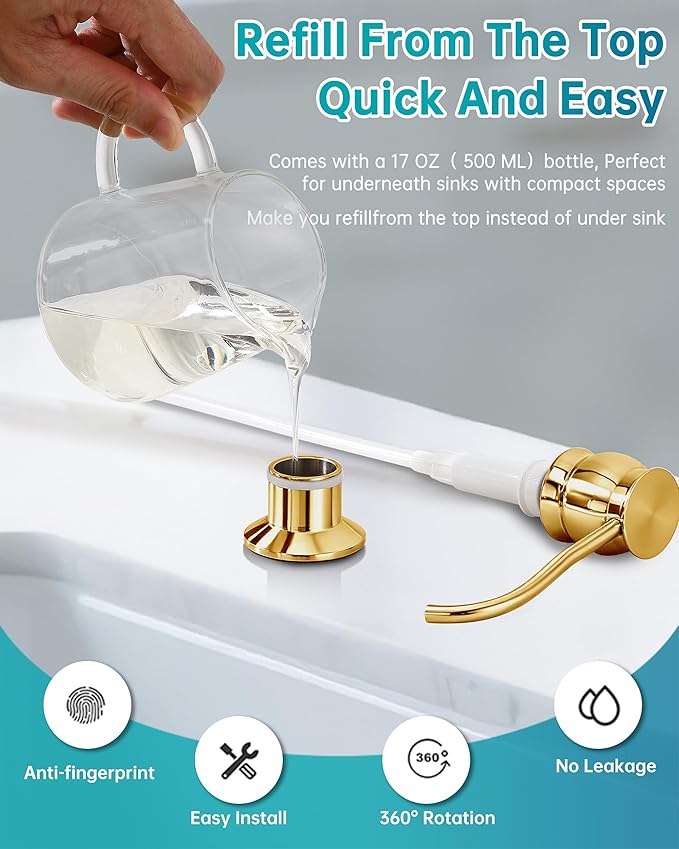 Built in Deck Mount Liquid Lotion Kitchen Countertop Metal Soap Dispenser, Gold Brass Dispenser Pump with 500ml (17oz) High Capacity Bottle