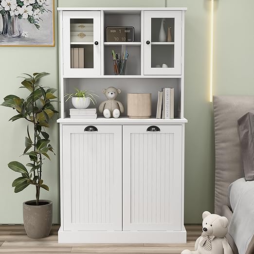 RASOO Tilt-Out Laundry Cabinet White Tall Bathroom Storage Cabinet Laundry Hamper with 2 Baskets and 3 Cabinets Upper Glass Doors Storage Cabinet