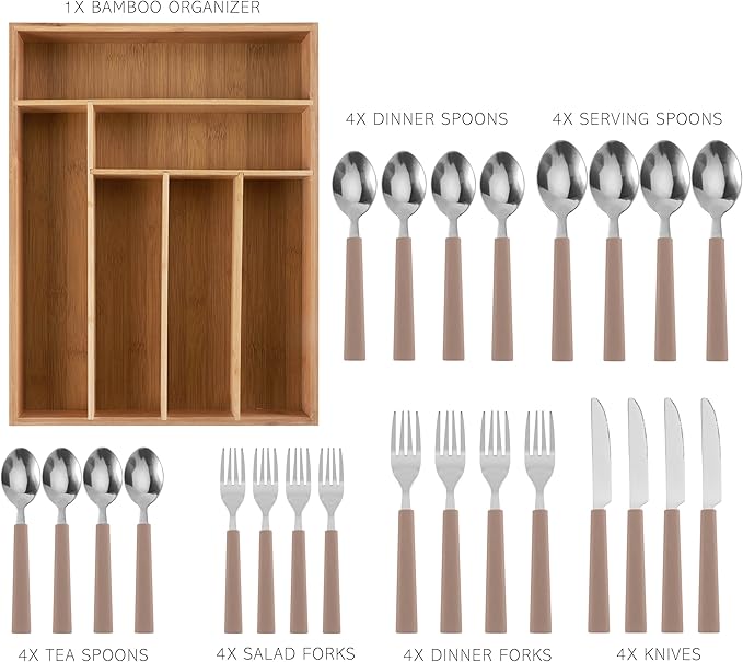 COOK WITH COLOR Bamboo Kitchen Utensil Set with Drawer Organizer | Cooking Tools and Storage Caddy, Brown, 25 Piece Cutlery Set