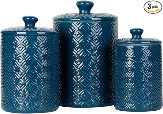 10 Strawberry Street Diamond Embossed Ceramic Kitchen Canister Set, Set of 3, Diamond Blue