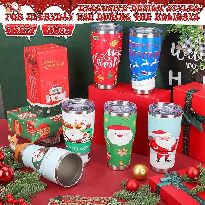 Mifoci 6 Pcs Christmas Tumblers 30oz Stainless Steel Christmas Travel Coffee Cup Double Insulated Vacuum Tumbler with Lid Straw Santa Claus Holiday Mug Gifts for Coworker Team Teacher (Cute)