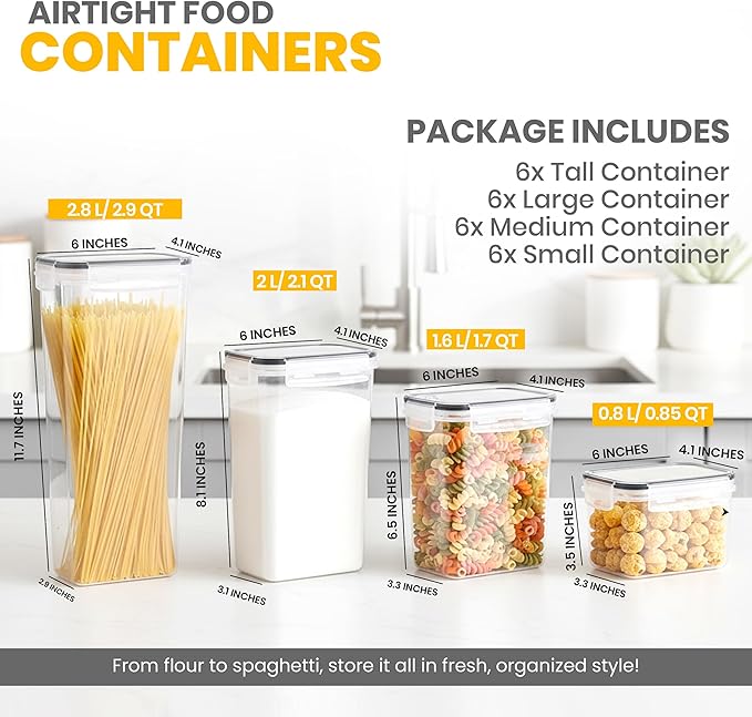 KICHLY Airtight Food Storage Containers Set with Lids – 24 Pack BPA-Free Plastic Pantry Organizers for Cereal, Flour, Sugar & Dry Food (Clear)
