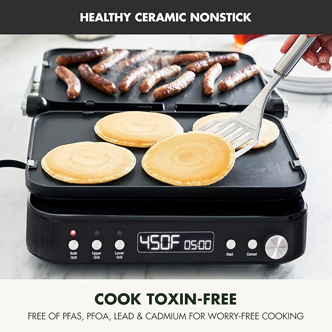GreenPan 6-in-1 Multifunction Removable Plate Indoor Grill & Electric Griddle, Diamond Infused PFAS Free Ceramic Nonstick Reversible Plates, Opens Flat, Adjustable Temp, Panini Press, Black