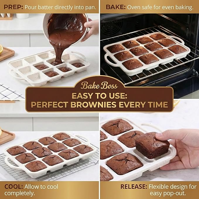 BAKE BOSS Silicone Brownie Pans with Dividers - 2 PACK - CREAM